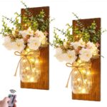 Rustic Wall Sconces Mason Jar Sconces Handmade Wall Art Hanging Design with Remote Control LED Fairy Lights and White Peony,Farmhouse Kitchen Decorations Wall Home Decor Living Room Lights Set of Two Visit the Homecor Store