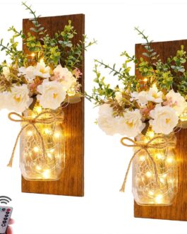 Rustic Wall Sconces Mason Jar Sconces Handmade Wall Art Hanging Design with Remote Control LED Fairy Lights and White Peony,Farmhouse Kitchen Decorations Wall Home Decor Living Room Lights Set of Two Visit the Homecor Store