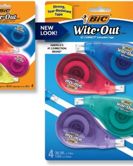 BIC Wite-Out Brand EZ Correct Correction Tape, White, Fast, Clean & Easy To Use, Tear-Resistant Tape, 4-Count