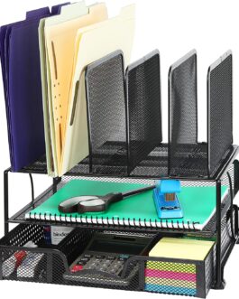 SimpleHouseware Mesh Desk Organizer with Sliding Drawer, Double Tray and 5 Upright Sections, Black